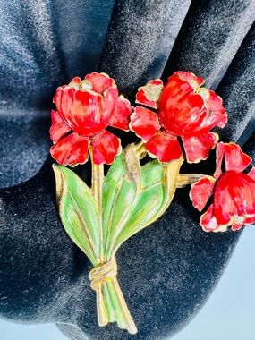 Vintage Sterling Red Enamel Flower Bouquet Brooch and Matching Earrings